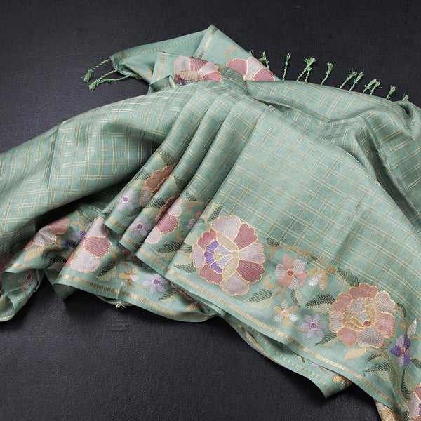 Raw Silk Pista Green Zari Checked Saree And Floral Thread Border