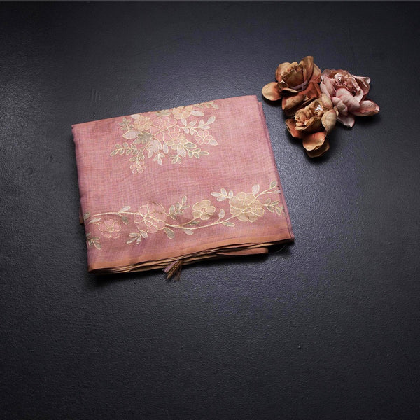 Linen Onion Pink Saree Painted With Zari Thread Work
