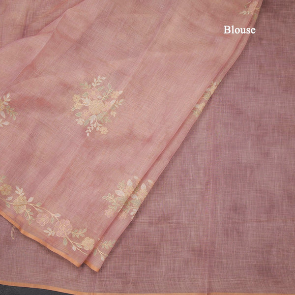 Linen Onion Pink Saree Painted With Zari Thread Work