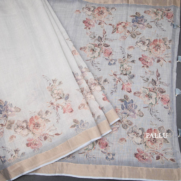 Linen Light Grey Floral Painted With Zari Work Saree