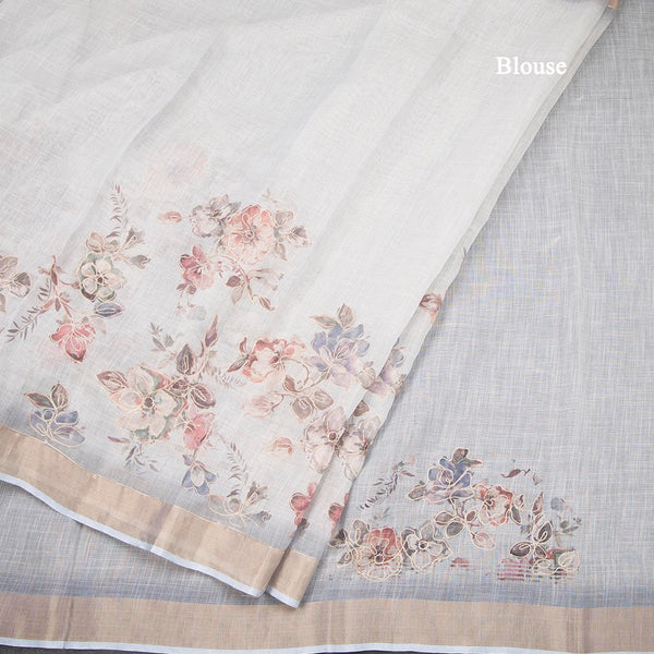 Linen Light Grey Floral Painted With Zari Work Saree