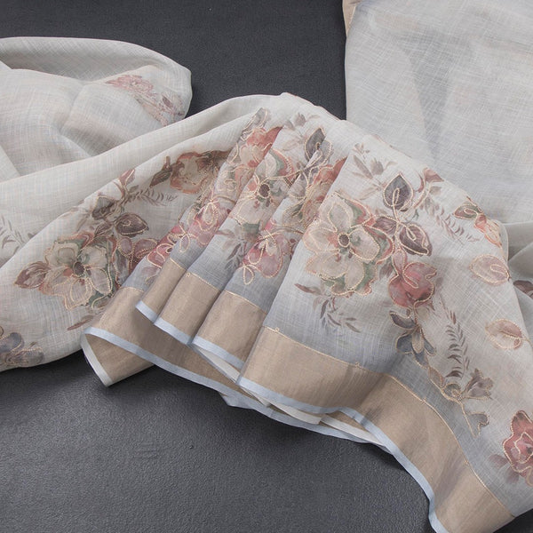 Linen Light Grey Floral Painted With Zari Work Saree