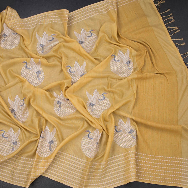 Raw Silk Yellow Thread Work Saree In Bird Design