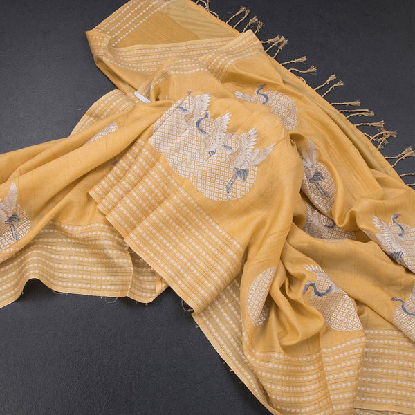 Raw Silk Yellow Thread Work Saree In Bird Design
