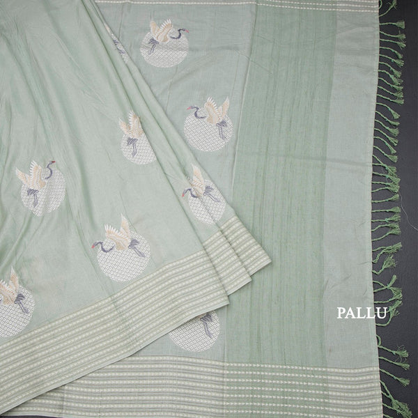Raw Silk Light Green Thread Work Saree In Bird Design