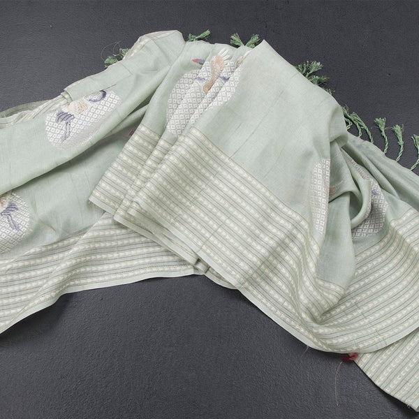Raw Silk Light Green Thread Work Saree In Bird Design