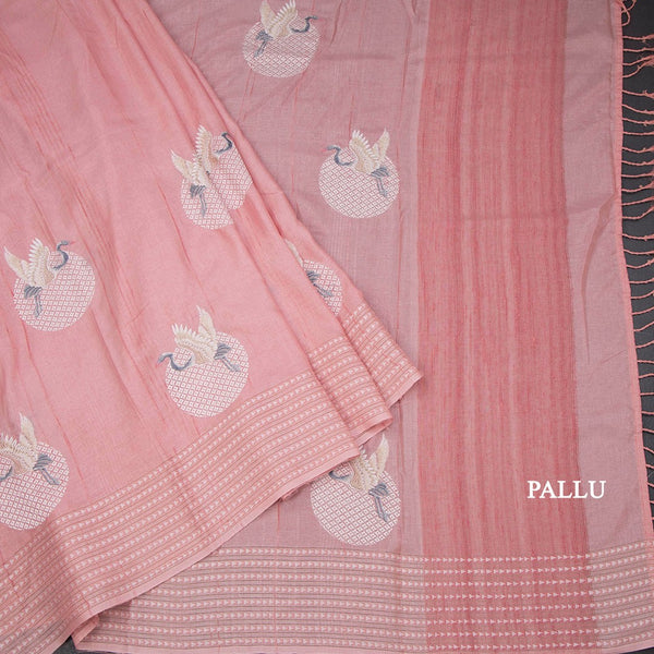 Raw Silk Rose Pink Thread Work Saree In Bird Design