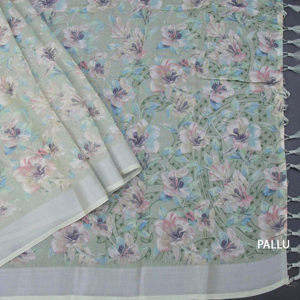 Semi Linen Pista Green Floral Printed Saree 02