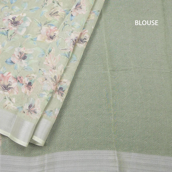 Semi Linen Pista Green Floral Printed Saree 02