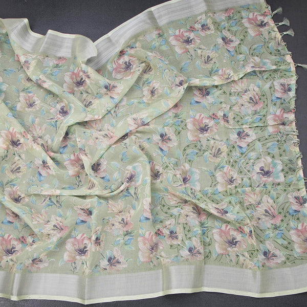 Semi Linen Pista Green Floral Printed Saree 02
