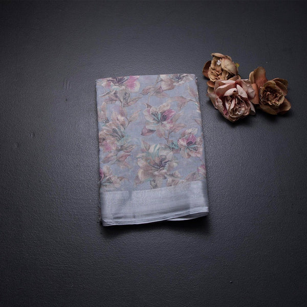 Semi Linen Grey Floral Printed Saree 08