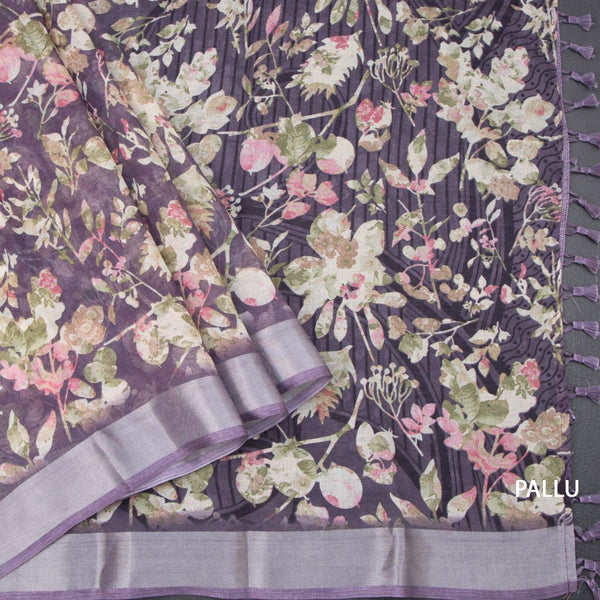 Semi Linen Violet Floral Printed Saree 02