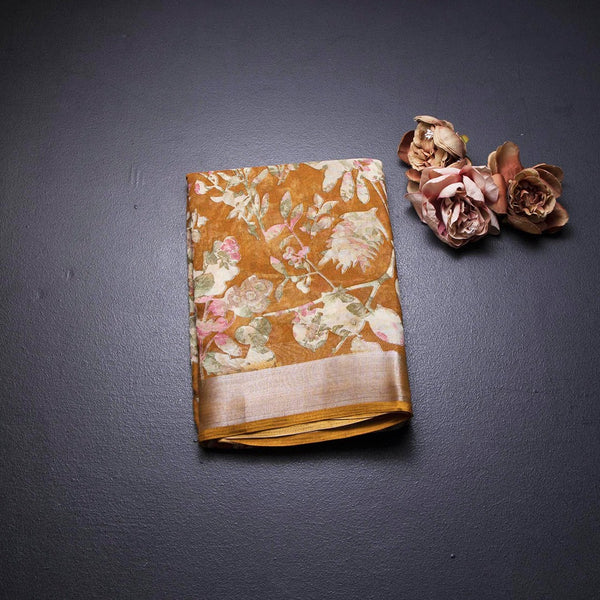 Semi Linen Mustard Yellow Floral Printed Saree