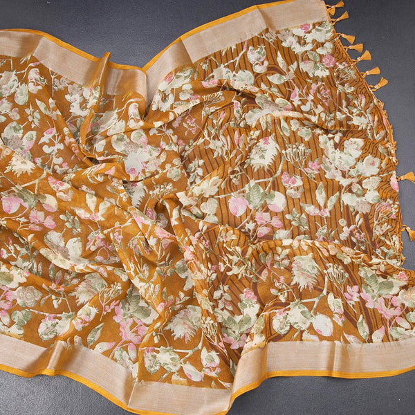 Semi Linen Mustard Yellow Floral Printed Saree
