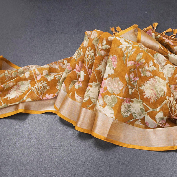 Semi Linen Mustard Yellow Floral Printed Saree