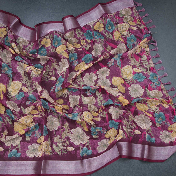 Semi Linen Wine Colour Floral Printed Saree