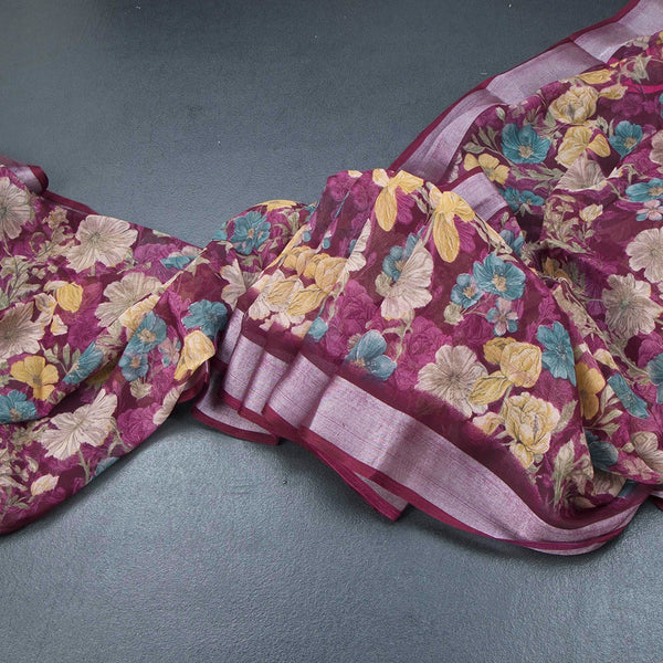 Semi Linen Wine Colour Floral Printed Saree