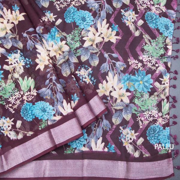 Semi Linen Dark Purple Floral Printed Saree