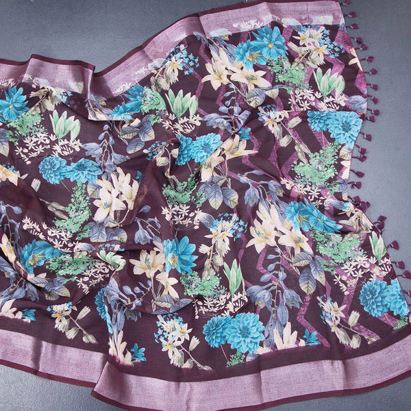 Semi Linen Dark Purple Floral Printed Saree