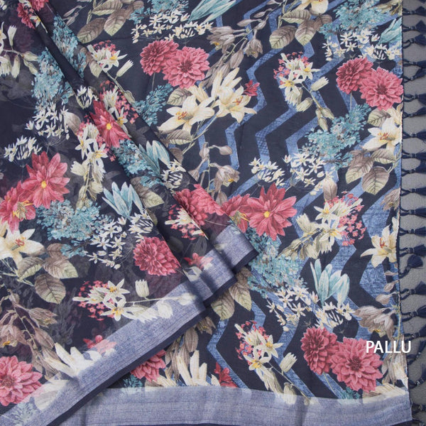 Semi Linen Navy Blue Floral Printed Saree