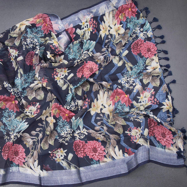 Semi Linen Navy Blue Floral Printed Saree