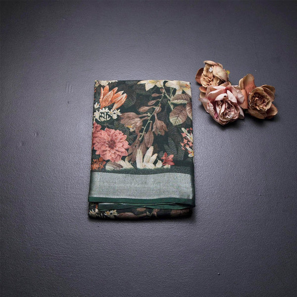 Semi Linen Dark Green Floral Printed Saree