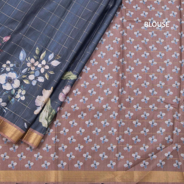 Semi Raw Silk Dark Blue Zari Checks With Floral Printed Saree