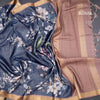 Semi Raw Silk Dark Blue Zari Checks With Floral Printed Saree