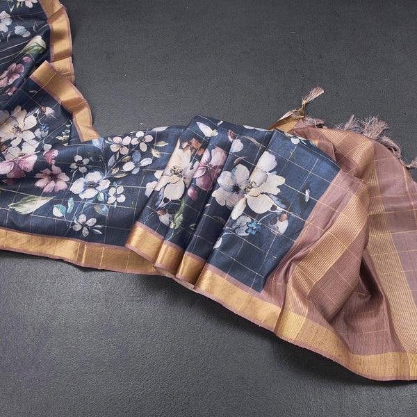 Semi Raw Silk Dark Blue Zari Checks With Floral Printed Saree