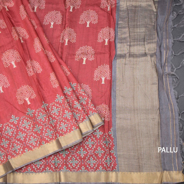 Semi Raw Silk Red Tree Printed Saree And Zari Border