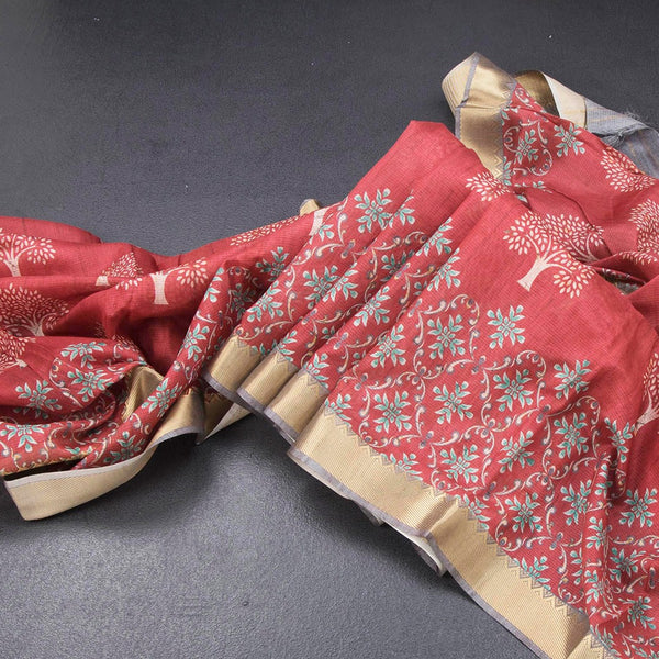 Semi Raw Silk Red Tree Printed Saree And Zari Border