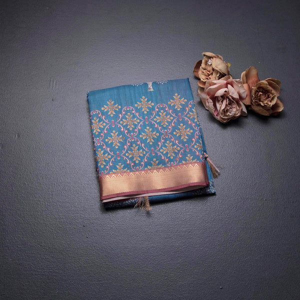Semi Raw Silk Peacock Blue Tree Printed Saree And Zari Border