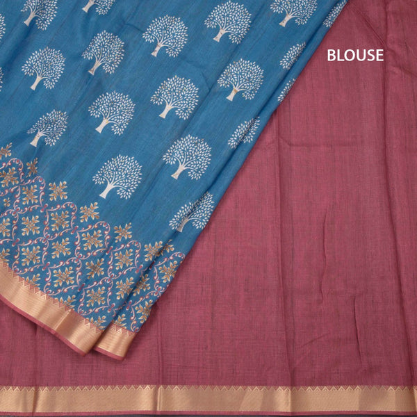 Semi Raw Silk Peacock Blue Tree Printed Saree And Zari Border