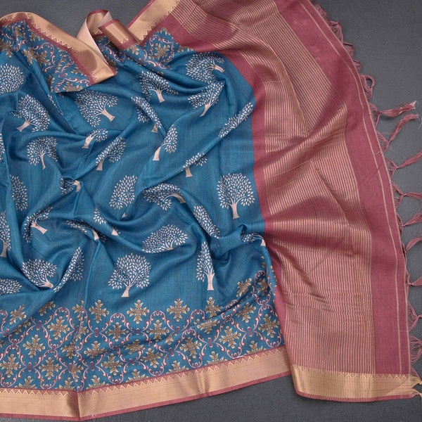 Semi Raw Silk Peacock Blue Tree Printed Saree And Zari Border