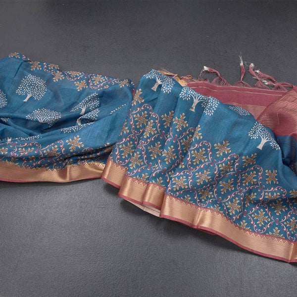 Semi Raw Silk Peacock Blue Tree Printed Saree And Zari Border