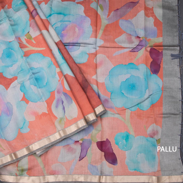 Semi Raw Silk Rust Orange Floral Printed Saree And Ribbon Border