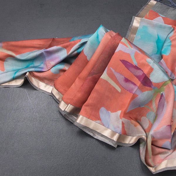 Semi Raw Silk Rust Orange Floral Printed Saree And Ribbon Border