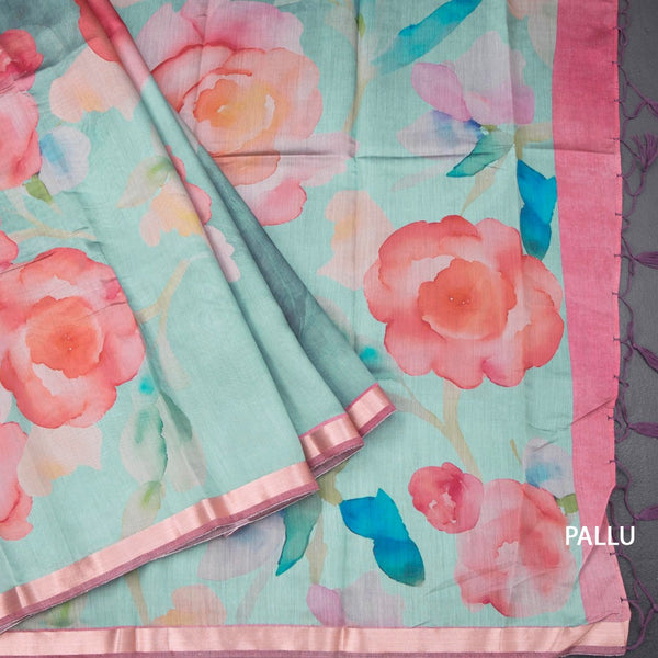 Semi Raw Silk Light Blue Floral Printed Saree And Ribbon Border
