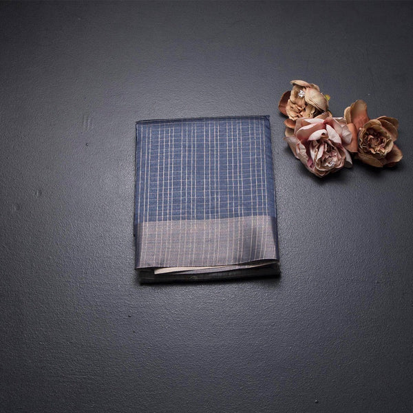 Semi Raw Silk Dark Blue Zari Checks With Floral Printed Saree 02
