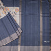 Semi Raw Silk Dark Blue Zari Checks With Floral Printed Saree 02
