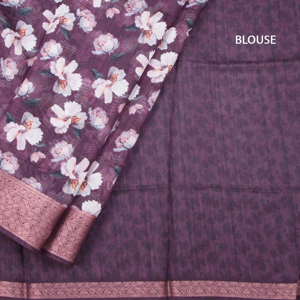 Semi Linen Plum Purple Floral Printed Saree And Zari Border
