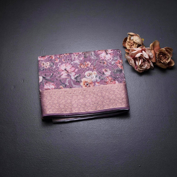 Semi Linen Plum Purple Floral Printed Saree And Zari Border 02