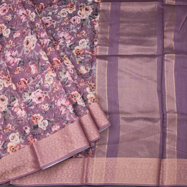 Semi Linen Plum Purple Floral Printed Saree And Zari Border 02