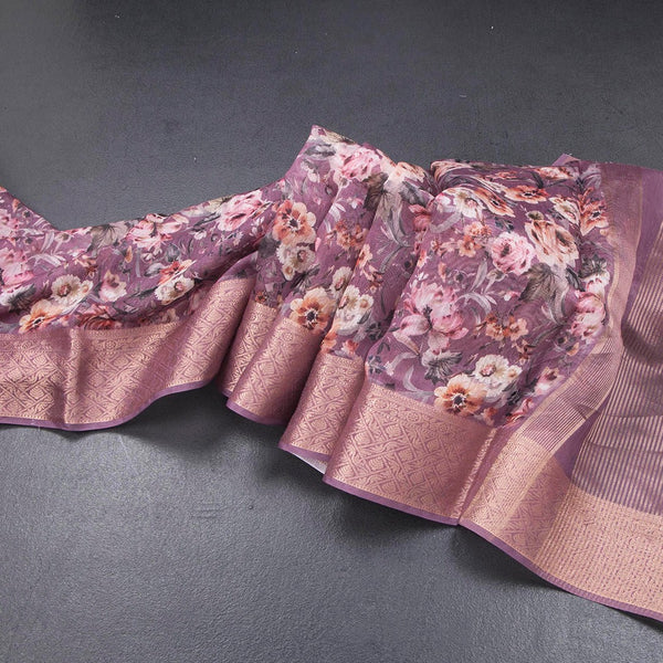 Semi Linen Plum Purple Floral Printed Saree And Zari Border 02