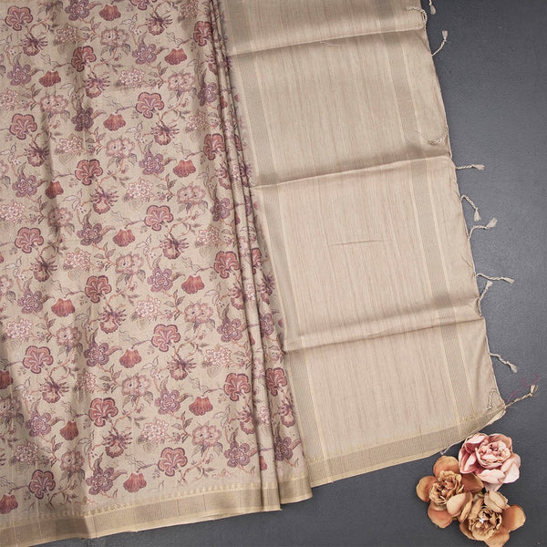 Raw Silk Beige Floral Printed Saree