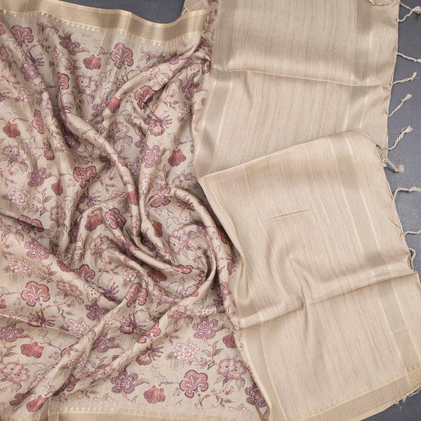 Raw Silk Beige Floral Printed Saree