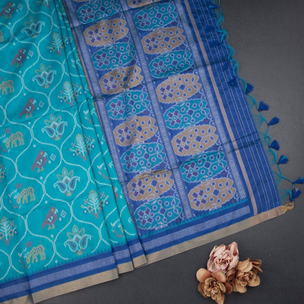 Raw Silk Rama Blue Ikkat Printed Saree