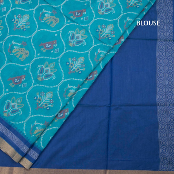 Raw Silk Rama Blue Ikkat Printed Saree