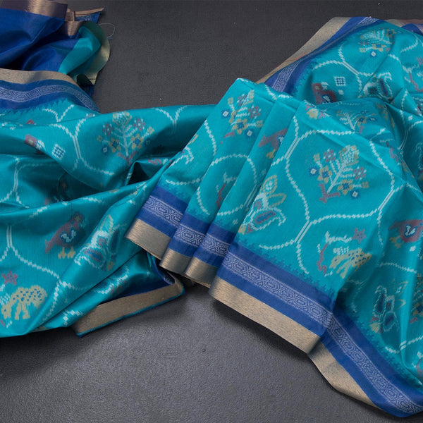 Raw Silk Rama Blue Ikkat Printed Saree