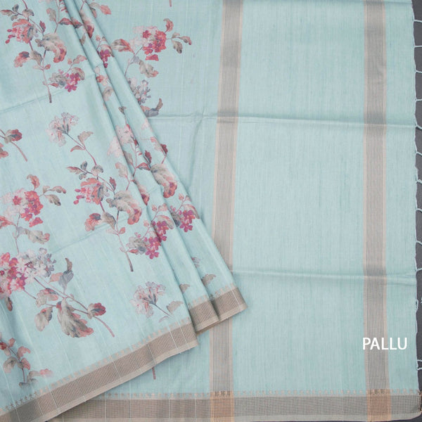 Raw Silk Light Blue Floral Printed Saree